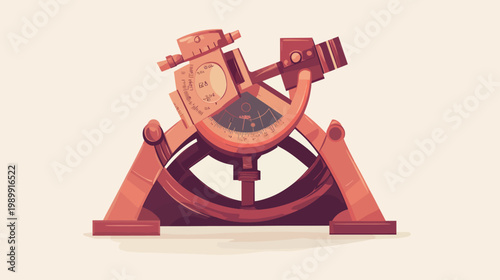 Stylized illustration of a vintage sextant instrument. Rendered with geometric shapes and warm colors