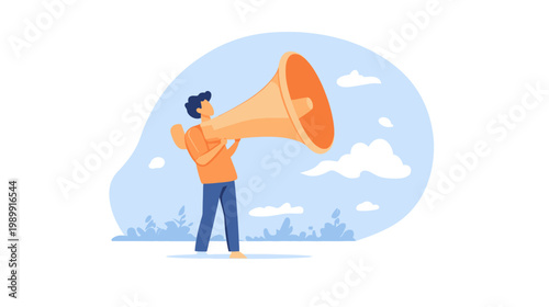 Illustration of a person holding a large megaphone in front of a blue sky background