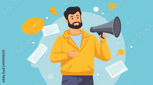A smiling man in a yellow jacket, holding a megaphone, with speech bubbles and documents floating around