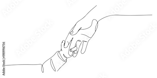Minimalist line drawing of adult hand holding a child hand in connection.