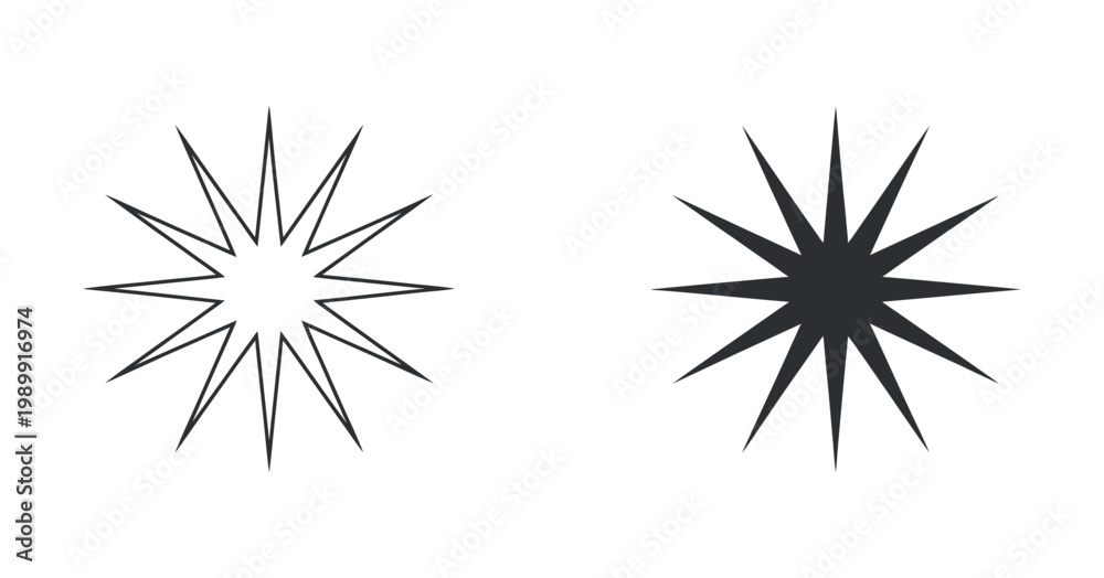 Fototapeta premium Geometric starburst icons in outline and solid black for design elements