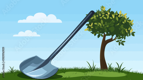 A cartoon scene featuring a shovel leaning near a tree against a blue sky with fluffy clouds