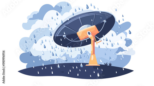 A cartoon illustration depicts a weather device, sheltering from the rain beneath dark clouds