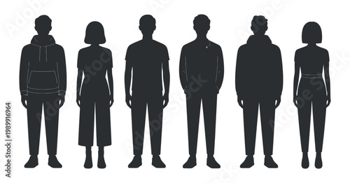 Diverse group of people silhouettes standing together in a minimalist composition against a white background