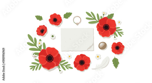 A beautiful flat lay composition showcases vibrant red poppies, delicate green leaves, a gold ring, and a white feather surrounding a blank textured card.