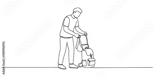 Parent helping child adjust backpack in simple line drawing illustration.