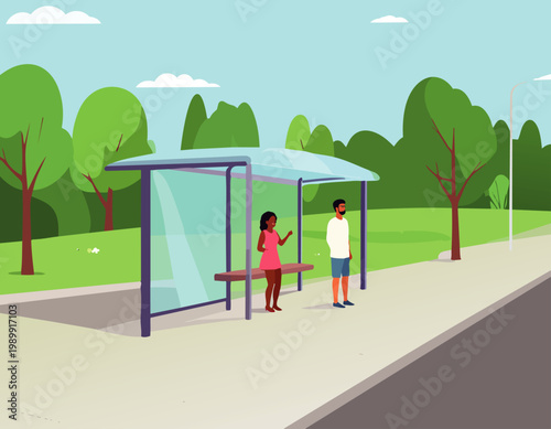  Personas esperando en parada de autobús en entorno verde en estilo plano, ilustración vectorial.
