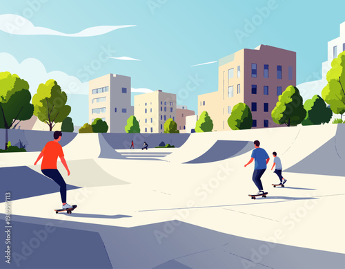  Jóvenes practicando skate en parque urbano en estilo plano, ilustración vectorial.
