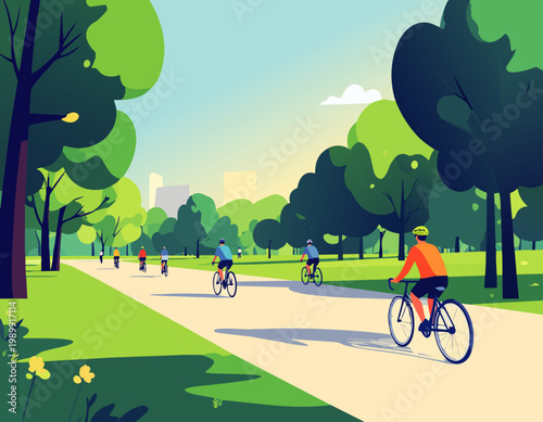  Personas andando en bicicleta por sendero en parque verde en estilo plano, ilustración vectorial.
