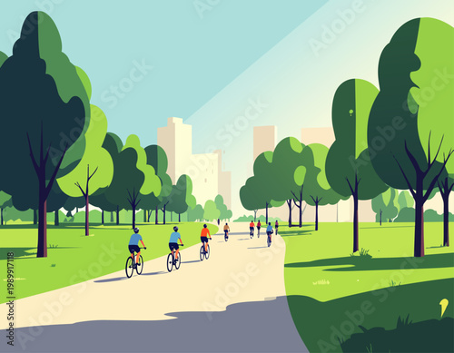  Personas caminando y en bicicleta en parque urbano en estilo plano, ilustración vectorial.
