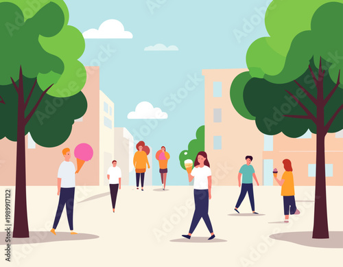  Personas caminando en plaza urbana con edificios y árboles en estilo plano, ilustración vectorial.
