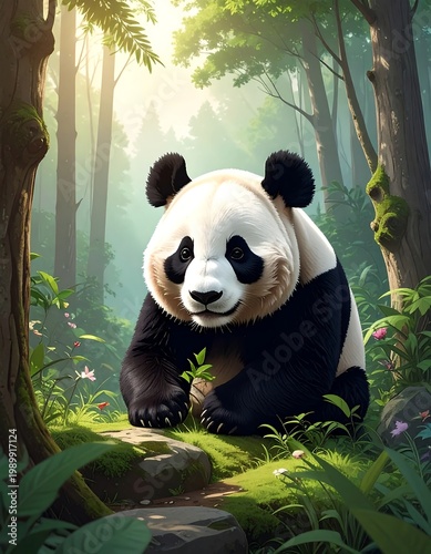 Panda sits amongst lush green forest floor, dappled sunlight filtering through tall trees