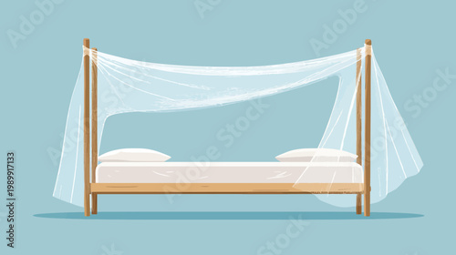 A vector illustration depicts a bed with a mosquito net and pillows, on a blue background