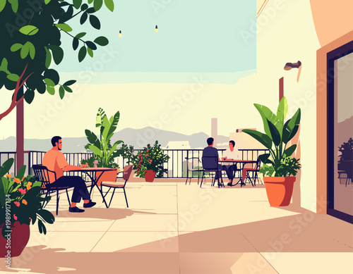  Personas sentadas en terraza con plantas en ambiente relajado en estilo plano, ilustración vectorial.
