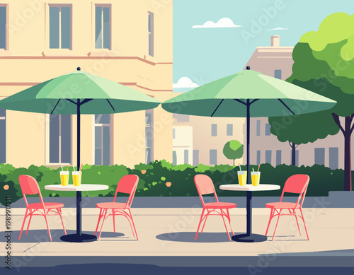  Café exterior con mesas y sombrillas en ambiente urbano en estilo plano, ilustración vectorial.
