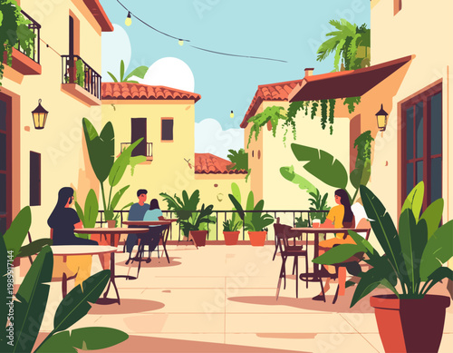  Café al aire libre con mesas y plantas en patio en estilo plano, ilustración vectorial.
