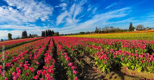 Wallpaper Mural A panorama image of a field of various colored spring blooming tulips with a blue sky and clouds; mostly red and yellow tulips Torontodigital.ca