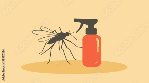 Vector illustration depicts a mosquito and a bottle of insect repellent spray.  Simple design with solid colors