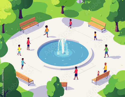  Parque con fuente central y personas caminando en estilo plano, ilustración vectorial.
