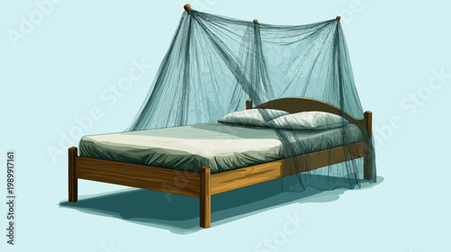 Digital illustration of a bed with mosquito netting. The bed is wooden, and the netting is draped elegantly