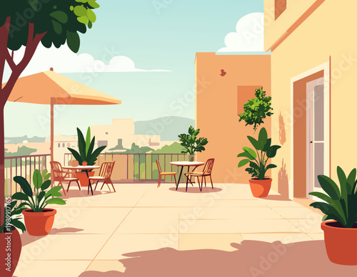  Terraza con mesas y macetas en ambiente acogedor en estilo plano, ilustración vectorial.
