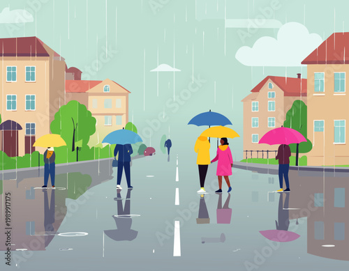  Personas caminando bajo la lluvia con paraguas en calle urbana en estilo plano, ilustración vectorial.
