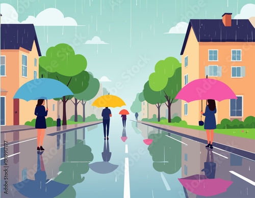  Personas caminando bajo la lluvia en calle con reflejos en estilo plano, ilustración vectorial.

