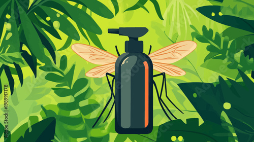 A stylized illustration features a bottle-shaped mosquito with wings in a leafy green tropical setting