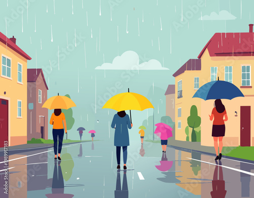  Calle urbana con lluvia y personas con paraguas en estilo plano, ilustración vectorial.
