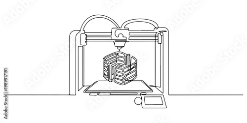 Minimal line drawing of a 3D printer creating an object on a platform.