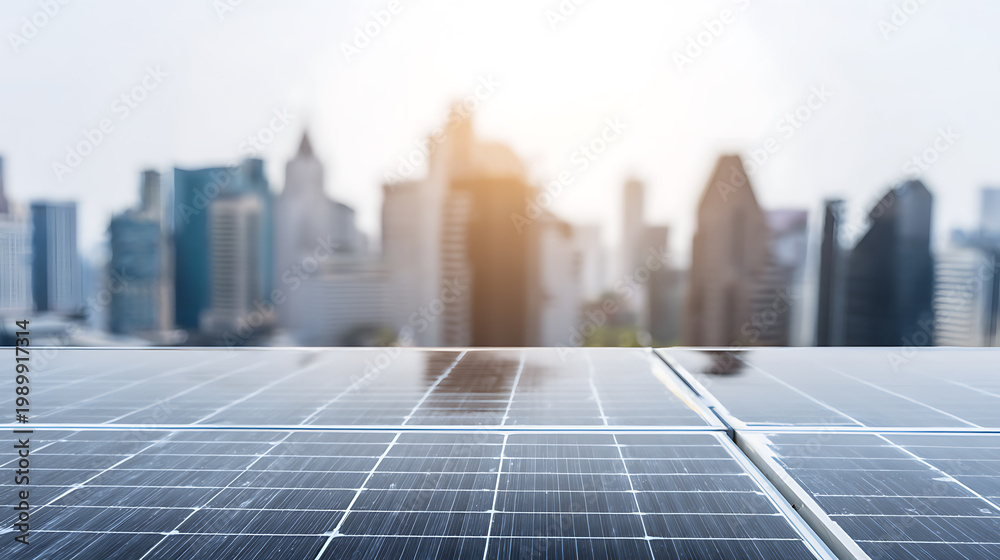 Fototapeta premium Solar panels in urban setting symbolizing freedom, adventure, and exploration