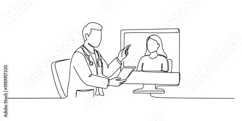Doctor conducting a remote telemedicine video consultation with a patient on a computer screen.