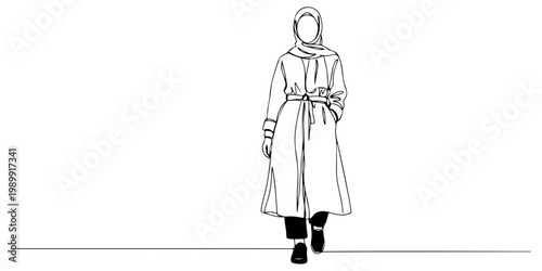 Minimalist line drawing of a fashionably dressed woman walking across a simple horizon.