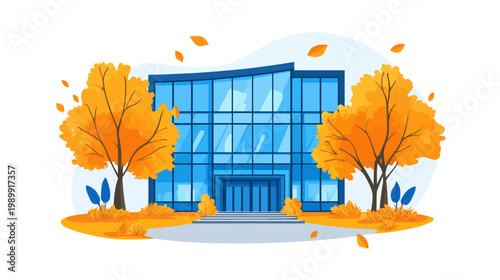 A modern glass building set in an autumnal landscape with golden trees and falling leaves