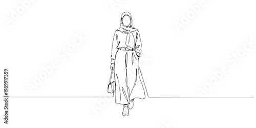 Minimal line drawing of a fashionable woman walking with handbag.