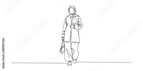 Minimal continuous line illustration of a woman walking with shopping bag.