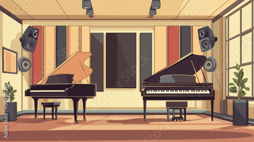 Pixelated artwork depicts a music room with two grand pianos, speakers, and plants
