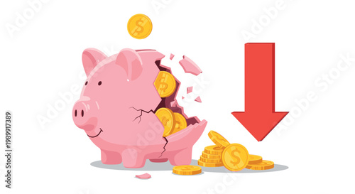 A shattered pink piggy bank releases several golden dollar coins onto a white surface next to a large thick red arrow pointing directly downwards now.