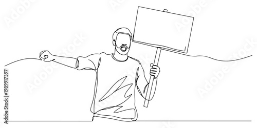 Line drawing of a protester holding a blank placard while shouting.