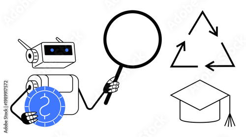 Artificial intelligence, education, sustainability, research, eco-conscious technologies, knowledge systems. Robot holding a magnifying glass with graduation cap and recycling symbol. Education