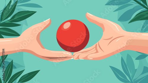 Two hands cradle a red sphere against a background of turquoise and leaves