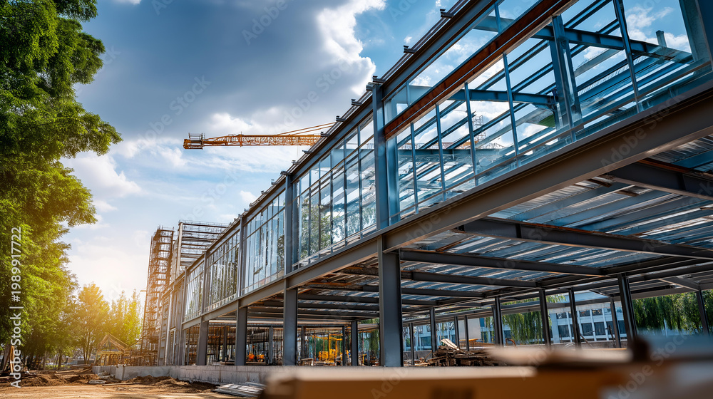 Fototapeta premium Steel frame workshop under active construction on an industrial building site with exposed beams and structural columns showing development progress