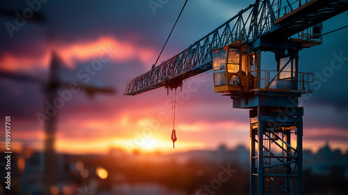 Silhouette of a tower crane over a building construction site against a dramatic sunset sky showing large scale industry and architecture