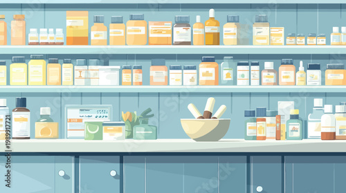 Illustration of a pharmacy interior with shelves stocked with medicine bottles. A mortar and pestle sits on the counter