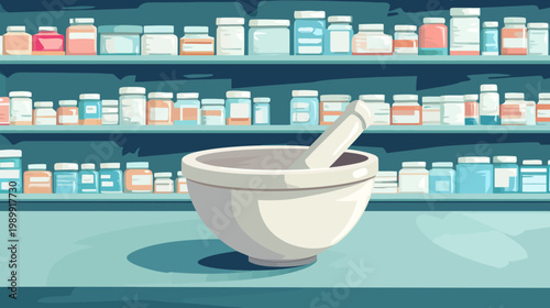 Illustration of pharmacy interior with shelves of medicine jars, a mortar, and pestle