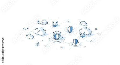 A complex isometric network visualization features fluffy white clouds and blue server towers protected by digital shields across a clean and expansive white space.