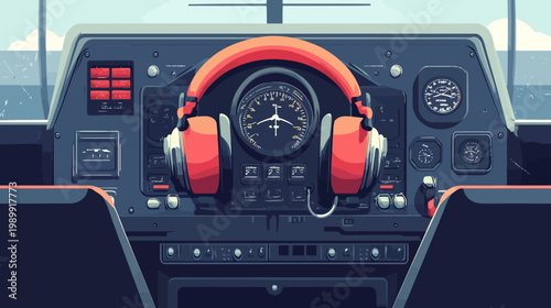 Digitized illustration of a cockpit's instrument panel and headphones with a minimalist art style