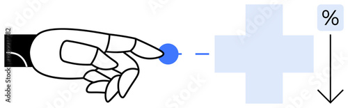 AI robotics, healthcare advancements, cost optimization, medical technology, futuristic medicine, analysis. Robotic hand reaching towards a cross and percentage symbol. AI robotics and healthcare