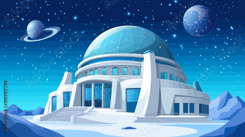 Pixelated artwork depicts a futuristic building with a large dome, surrounded by snow and planets in space