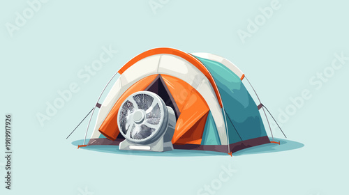 A cartoon illustration depicts a tent with a fan inside. The background is a solid light blue